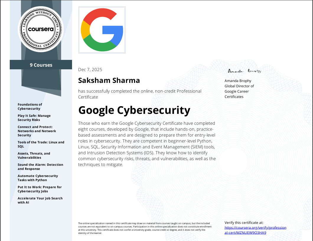 Certificate: Google Cybersecurity Professional